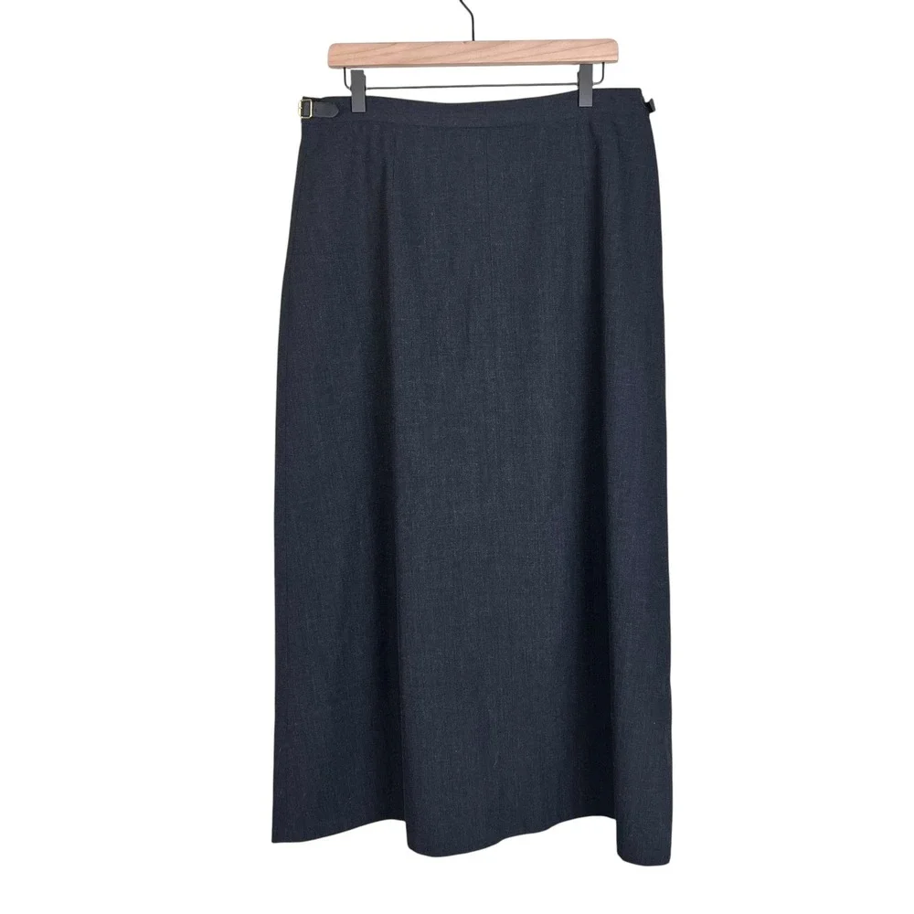 Lauren Ralph Lauren Gray Wool Blend Maxi Skirt Side Buckle Gold Button Size 14